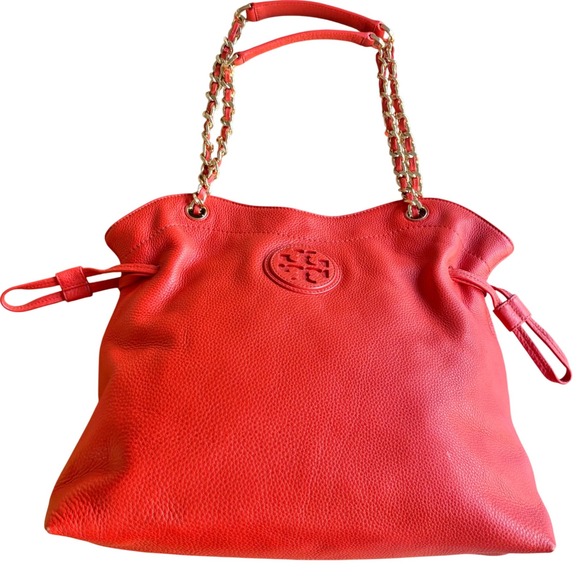 $598 TORY BURCH Marion Poppy Red Leather & Chain Drawstring Tote Bag Purse EUC - Picture 1 of 16